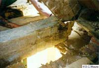 Dry rot in a large carrier beam end.